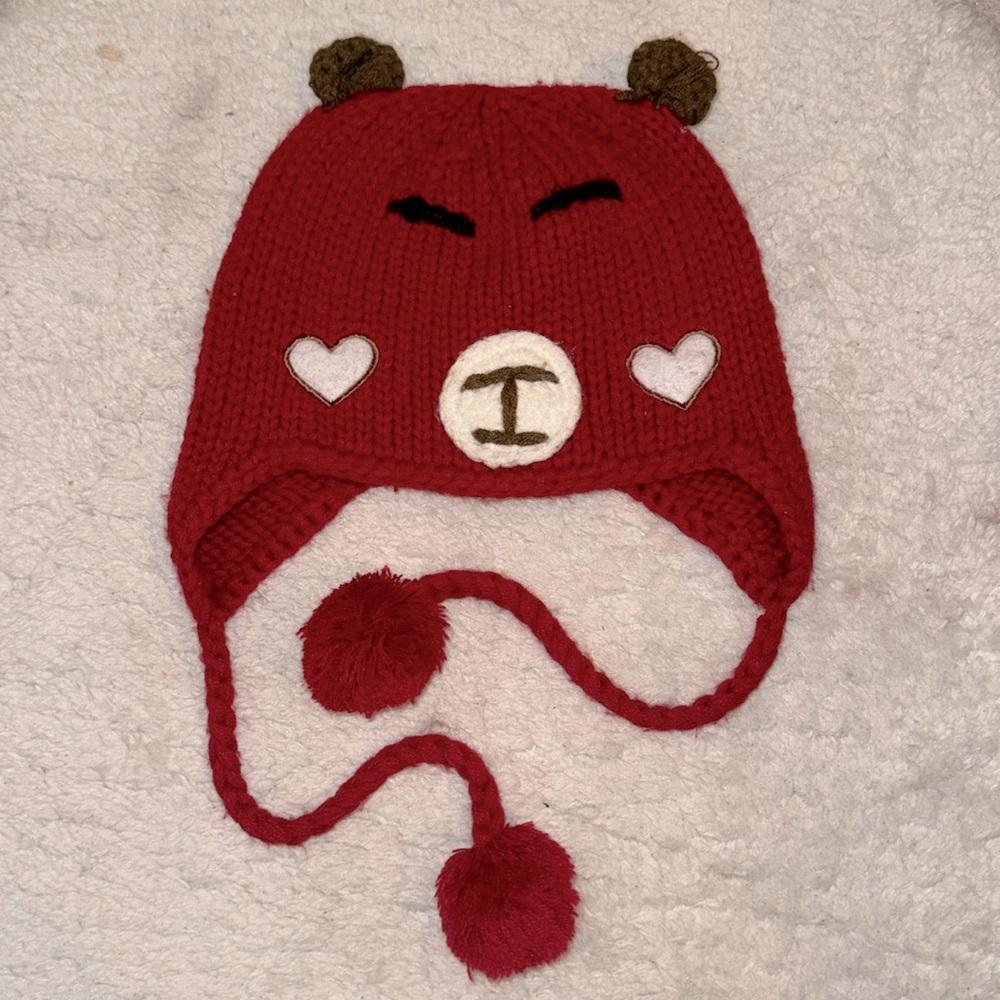 NEW UO Red Brown and White Winter Bear Hat with Pom Poms